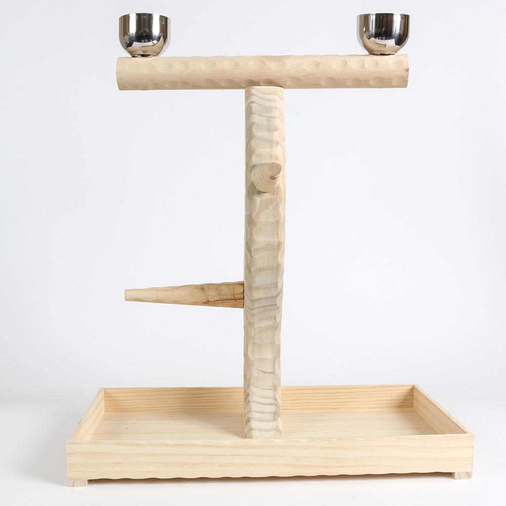 An image of Medium Table Top Wood Parrot Stand with Feeding Bowls