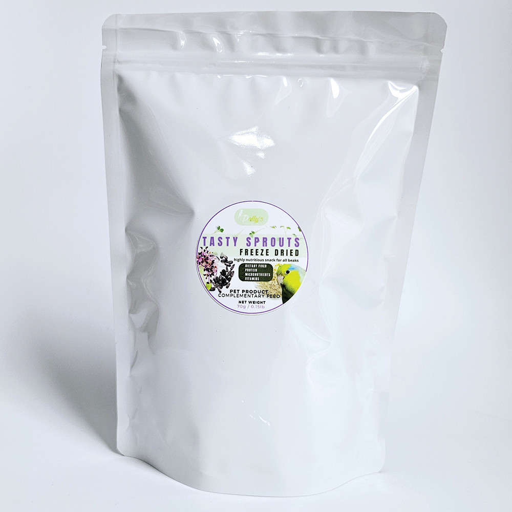 An image of Polly's Tasty Freeze Dried Ready To Eat Sprouts Parrot Food 70g