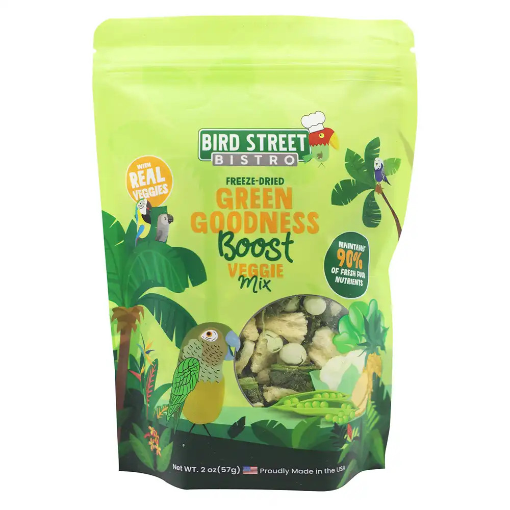 An image of Bird Street Bistro Freeze Dried Green Goodness Boost Veggie Mix Parrot Food 57g