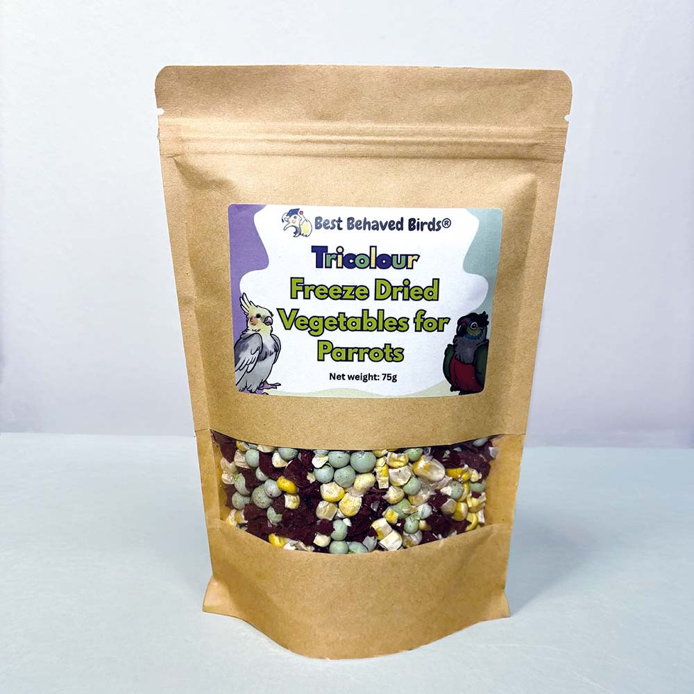 An image of Best Behaved Birds Tricolour Freeze Dried Vegetables Parrot Food 75g