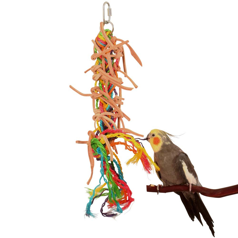 An image of Preening Plait Leather and Rope Parrot Toy