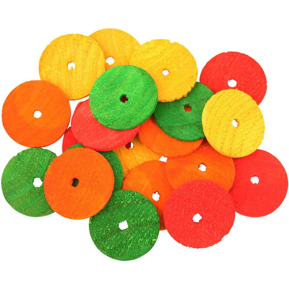 An image of Colourful Wooden Wheels Small - Parrot Toy Parts - 20 Pack