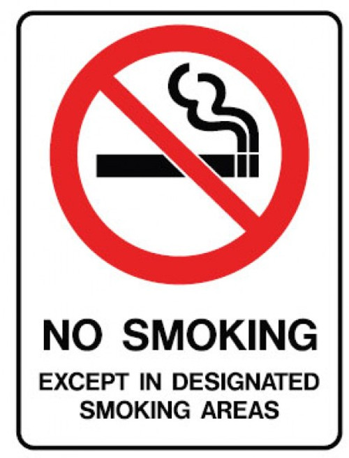 NO SMOKING EXCEPT IN DESIGNATED AREAS