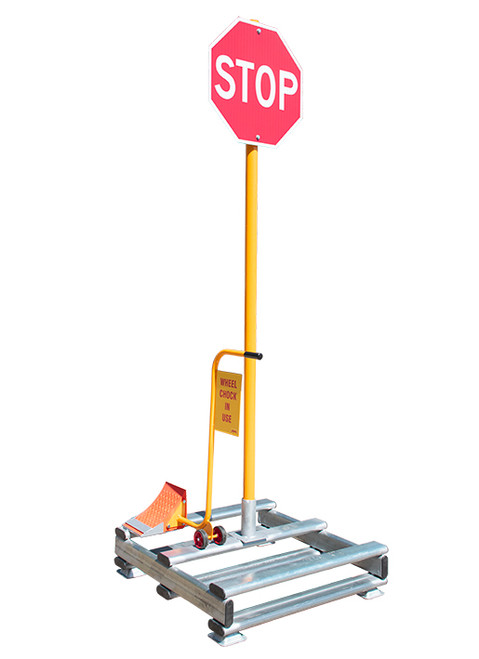 Truck control pallet with portable wheel chock