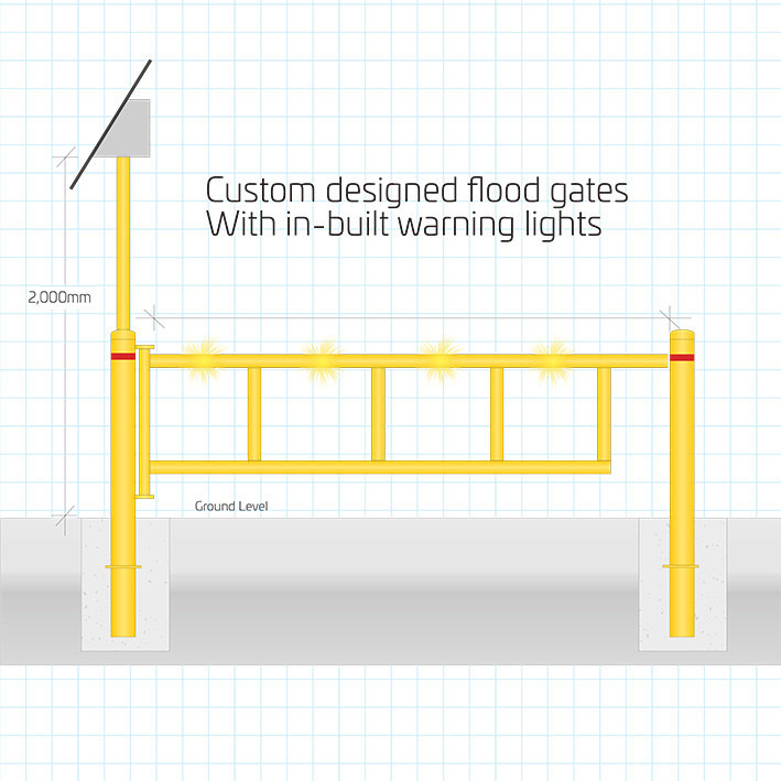 Flood warning gate with flashing lights