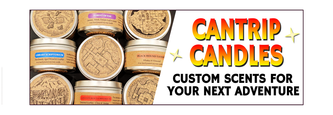 Candle tins with the banner Cantrip Candles