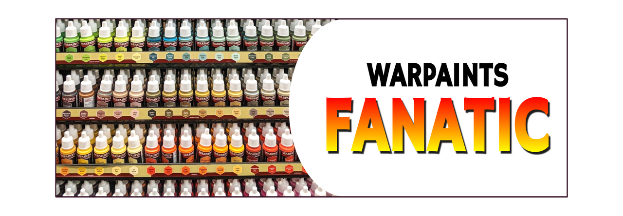 Dozens of multicolored paint dropper bottles in a rack, a banner reading Warpaints Fanatic