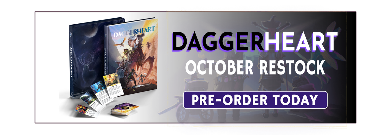 Daggerheart Core Book and cards, with a banner reading Daggerheart October Restock Pre-Order Today