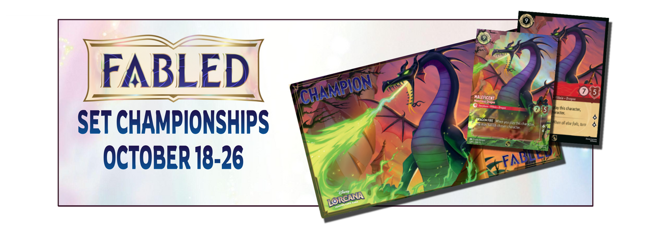 Fabled Set Championships event banner and prizes for Disney Lorcana