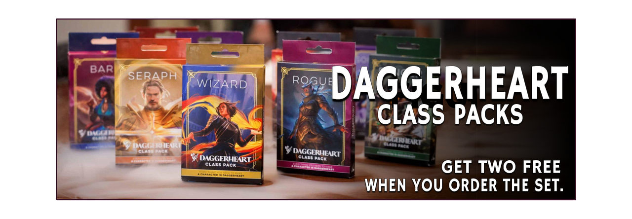 Daggerheart class packs arranged on a tabletop