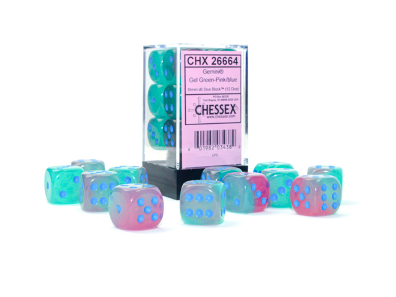 Gemini Luminary Green-Pink/Blue Six-Sided Dice–Set of 12