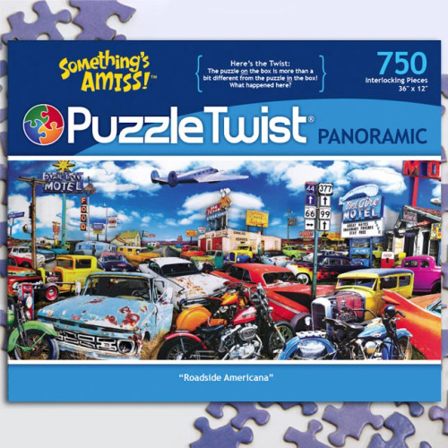 Roadside Americana 750pc–PuzzleTwist front cover of puzzle featuring a bunch of rusted or dented cars, Motel signs, blue sky