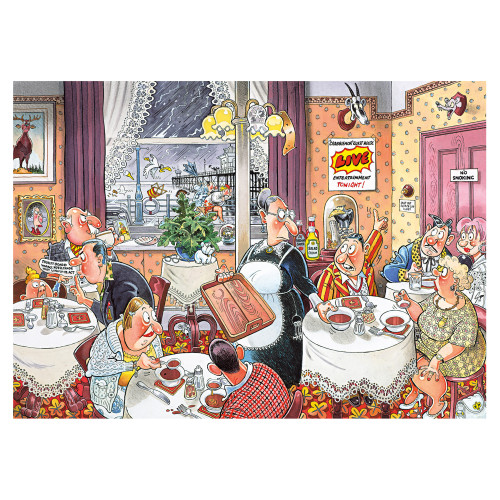 A filled diner with a seaside storm outside 