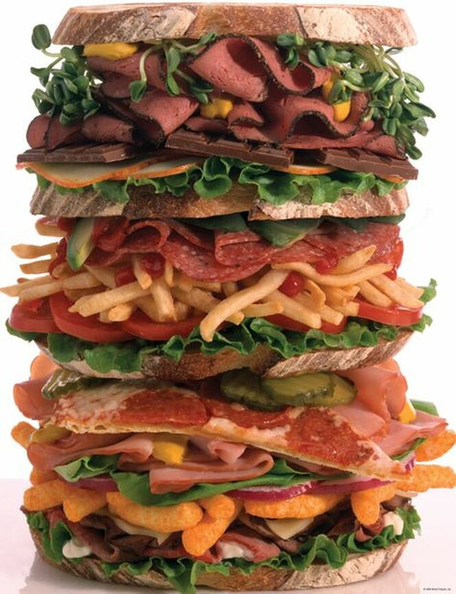 Snack Stack, sandwich with chocolate, pizza, Cheetos and lots more