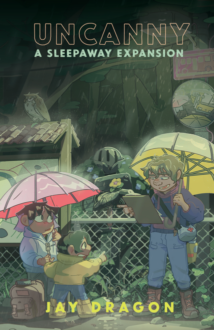 A chain fence with 3 characters holding a clipboard and umbrellas 