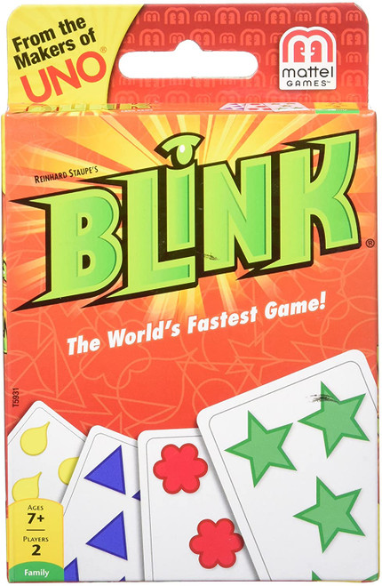 Blink- front of reddish packaging, cards with stars and other shapes on them,