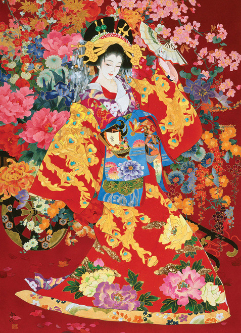 Close up of Agemaki puzzle with traditional flowers and dress