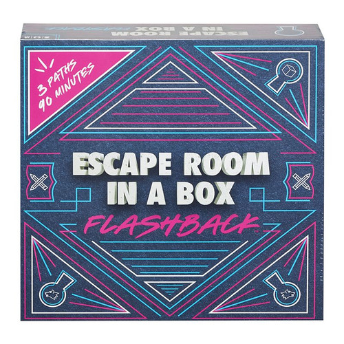 Flashback Escape Room In a Box- Product box cover- blue and pink and white lines with pink font FlashBack