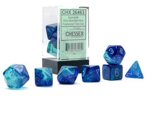 Gemini Luminary Blue/Light Blue Dice Set in a plastic cube