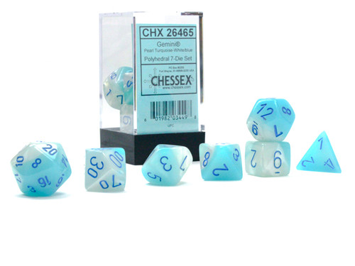 Gemini Luminary Turquoise-White & Blue Dice Set in a clear plastic cube