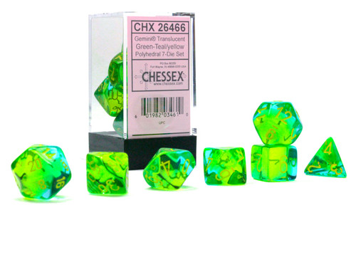 Gemini Translucent Green-Teal & Yellow Dice Set clear plastic cube