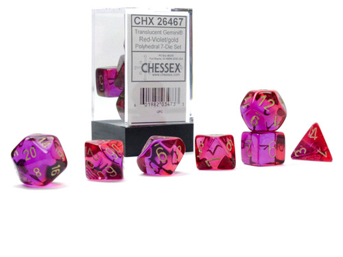 Gemini Translucent Red-Violet & Gold Dice Set in a clear plastic cube