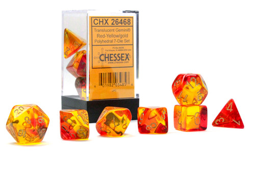 Gemini Translucent Red-Yellow & Gold Dice Set in clear plastic cube packaging