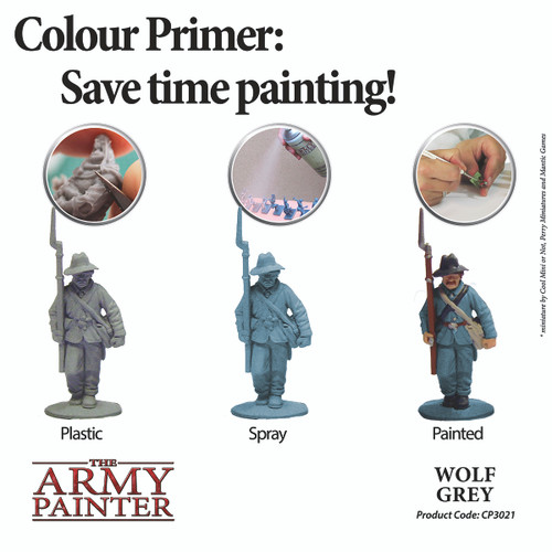 Plastic, spray, painted visual step progression of miniature 