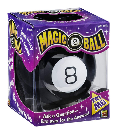 Magic 8 Ball front of packaging, purple cube like holding the black magic 8 ball