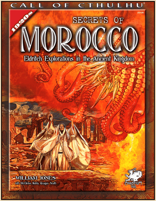 Call of Cthulhu: Secrets of Morocco front cover featuring red tentacles coming from the sky with a white robed person 