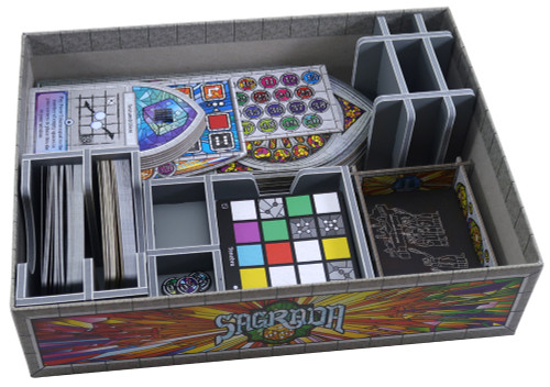 grey game piece holder/divider Shown in the box