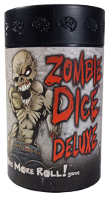 Zombie Dice Deluxe packaging in a cylinder black container 