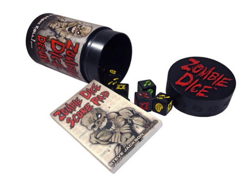 Zombie Dice Deluxe opened revealing dice and a card