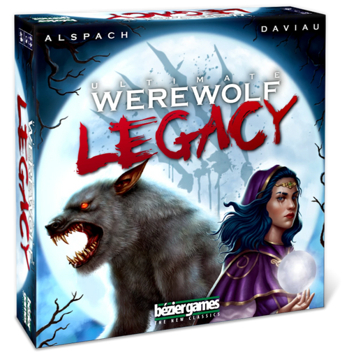 Ultimate Werewolf Legacy front cover depicting a werewolf and a mystic in front of a full moon 