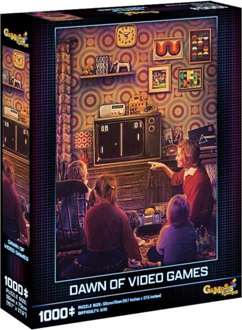 Dawn of Video Games 1000pc front of packaging depicting a a family on the floor in front of tv playing video games 