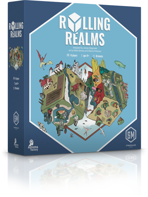 Rolling Realms front of box 2 cubes of villages, farms, cities. 