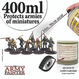 400ml protects armies of miniatures text, with several mini's being sprayed