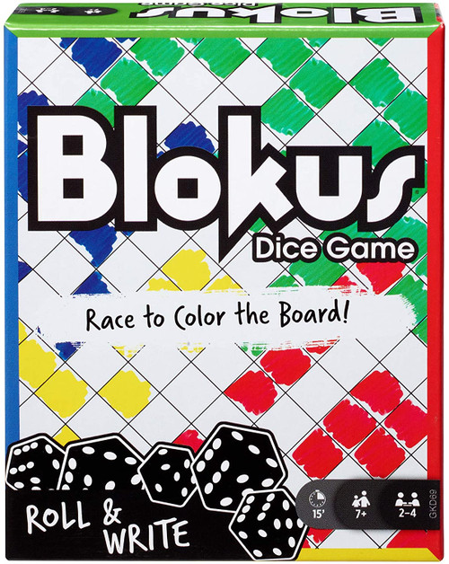 Blokus Roll & Write, front of packaging green, red, blue, yellow blocks and black and white dice 