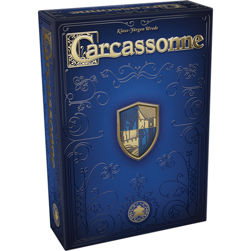 Carcassonne 20th Anniversary cover of box, dark blue and a shield