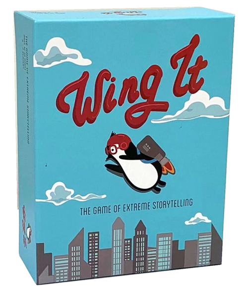 Wing It: The Game of Extreme Storytelling front of product, blue box, with penguin 