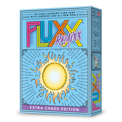 Fluxx Remixx front cover of game Light blue box with rainbow letters