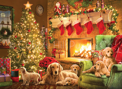 A living room with puppies and winter holiday decorations 