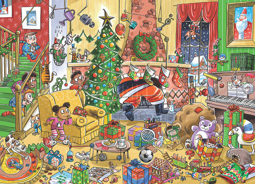 Family Pieces: Catching Santa completed puzzle with lots of kids trying to trap Santa