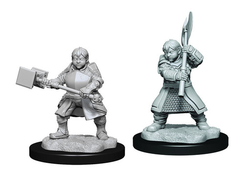Dwarf Dwendalian Empire Fighter Female–Critical Role Unpainted Miniatures, welding an ax and a hammer