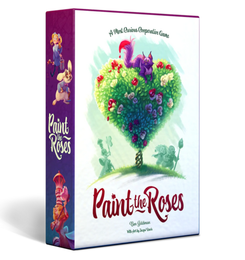 Paint The Roses front cover of game depicting a shrub in the shape of a heart with roses and a purple cat