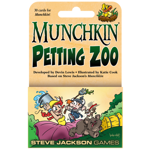 Munchkin Petting Zoo front of packaging with animals chasing or getting chased by characters