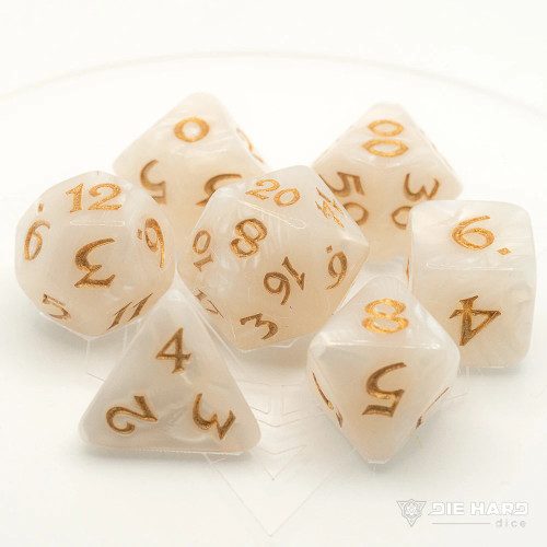 Elf Queen Gold, Elessia Dice Set- marble neutral colored dice with speckled gold numbers 