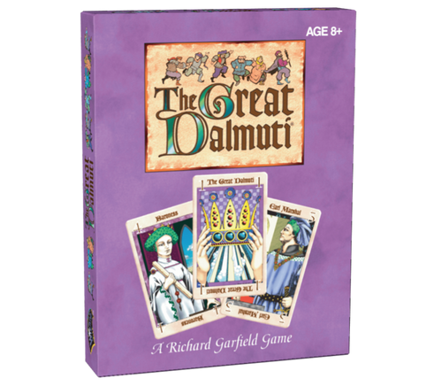 Great Dalmuti  purple game box cover with 3 sample cards on the front. 