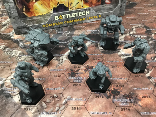 ComStar Command Level II–BattleTech  depicting 6 miniatures on a map