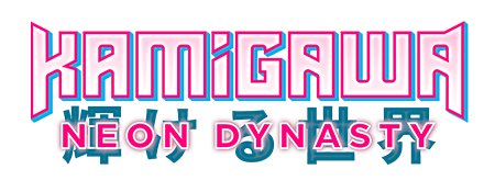 Kamigawa Neon Dynasty in bright pink and teal font on white